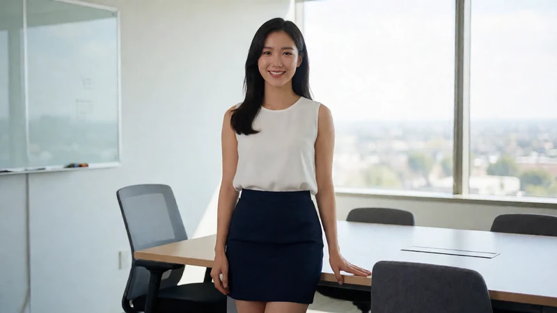hsck国产短片主题图：虚构成年女子穿白色无袖衬衣与深色短裙站在现代办公室